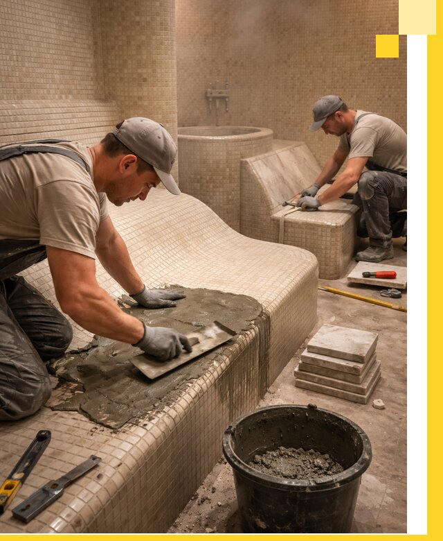 Лежаки для хамама под ключ в Барнауле, проект и монтаж